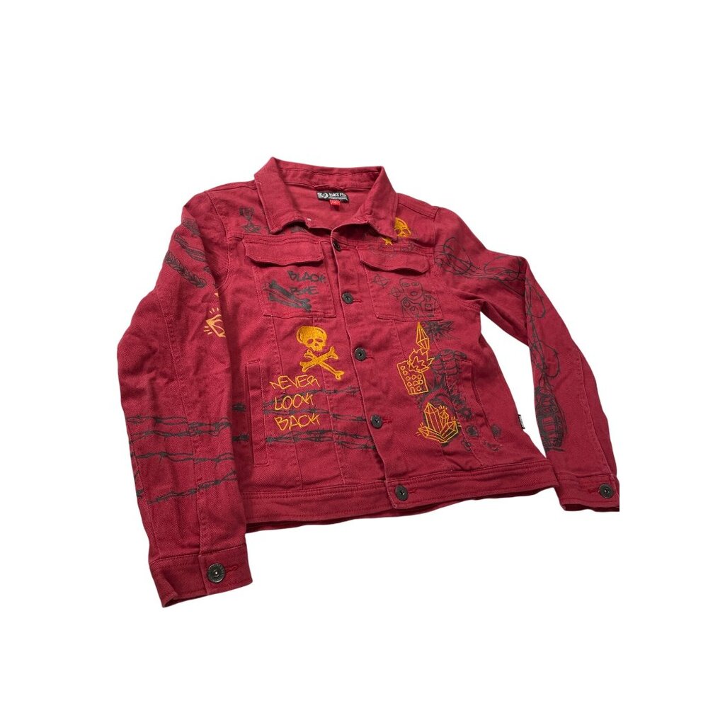 Black Pike Womens Red Denim embroided graphic jacket size M SKU 9178